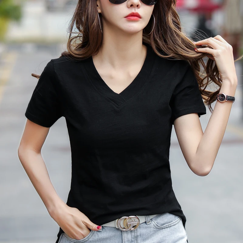 2026 Summer New Arrival Women's Loose T-Shirts 100% Cotton V-Neck T-Shirt Split Hem Short Sleeve Tees Fashion Slim White Tops