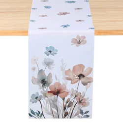 Brown Table Runner Poppy Floral Leaves Spring Seasonal Summer Kitchen Dining Table Decoration for Home Party Decor Table Flag