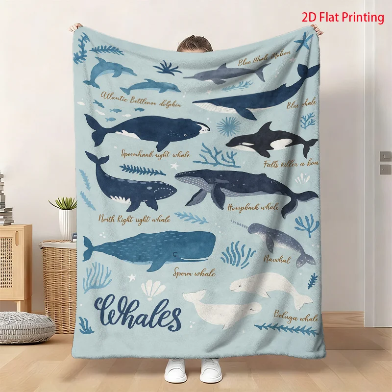 Ocean Whale Species Chart Print Blanket, Marine Mammal Art Soft Flannel Blanket for Home Bed Travel Holiday & Special Nice Gift
