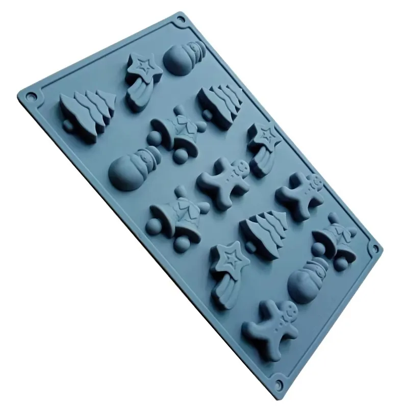 Xmas Silicone Mold 15-Cavity (Tree/Snowman/Bell/Gingerbread)  Food Safe Baking Tools for Christmas Cookies Cupcakes & Chocolate