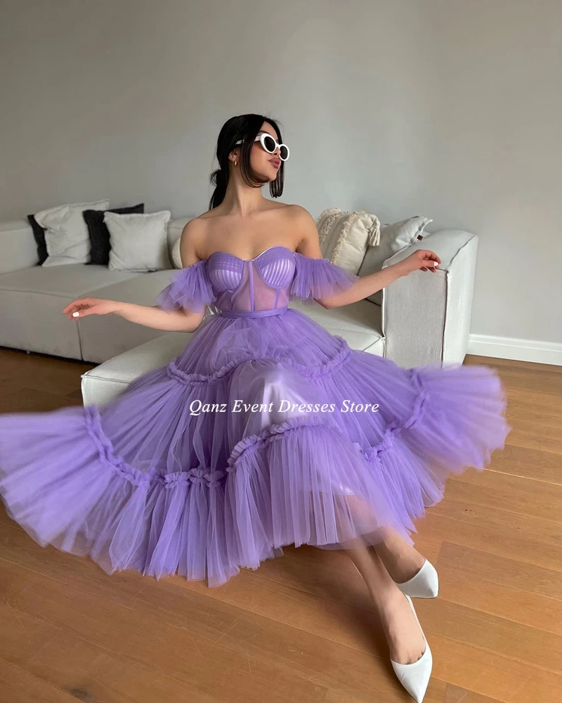 Qanz gaun Prom panjang teh Tulle ungu gaun malam A-line lengan ruffle pendek Sweetheart dengan gaun pesta Formal seksi