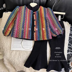 Girl Suit 2023 New Autumn Winter Korean Fethnic Style Set Girl Long Sleeve Plaid Coat Cotton Fleece Bell Bottomed Two Piece Suit