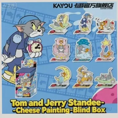 KAYOU Tom and Jerry Cheese Painting Mischief Version Acrylic Stand Blind Box, Cute Cartoon Cat & Mouse Figure Desk Decor Gift