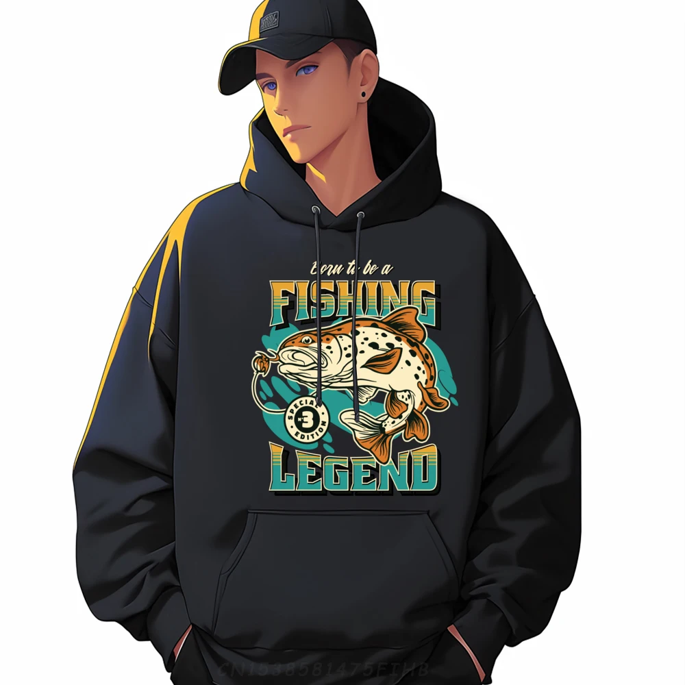 

Born To Be A Fishing Legend Men Long Sleeve Hoodies Slogan Loose Sweatshirt Family Round Collar Printed Clothes