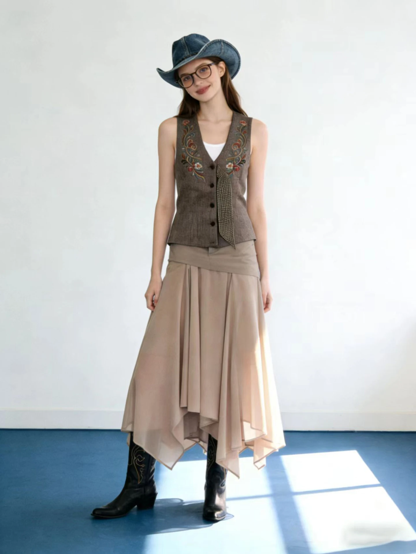

HUAAPPUW Ethereal Asymmetrical Midi Skirt Spring Summer New Style Patchwork Fake Two-Piece Polyester Rayon Blend Standard Fit