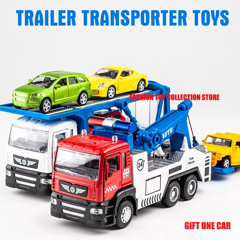 Alloy Trailer Car Transporter Car Model Diecasts Toy With Sound and Light Vehicles Pull-back Car Set Toys For Kids Gift