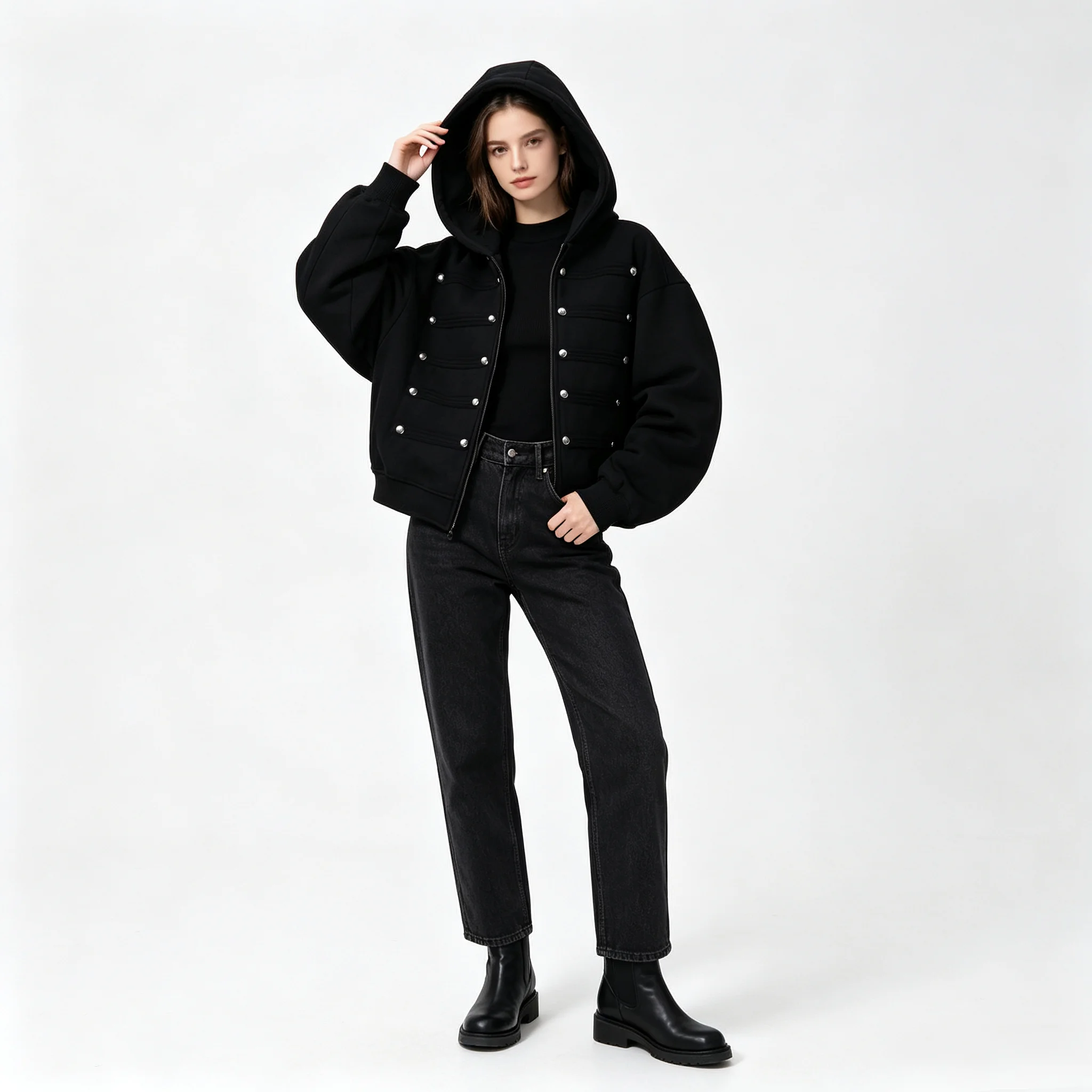 Gothic Rivet Zip Up Hoodie Jacket Military Button Decor Cropped Hooded Sweatshirt Punk Streetwear Long Sleeve Outerwear