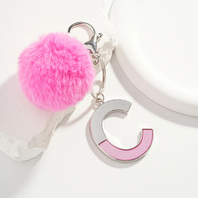 Alloy Silver Color Pink Two-tone Letters CDBEA Pompom Keychains Sweet Pink Pom Pom Keychain Women Handbag Charms Ornaments Gift