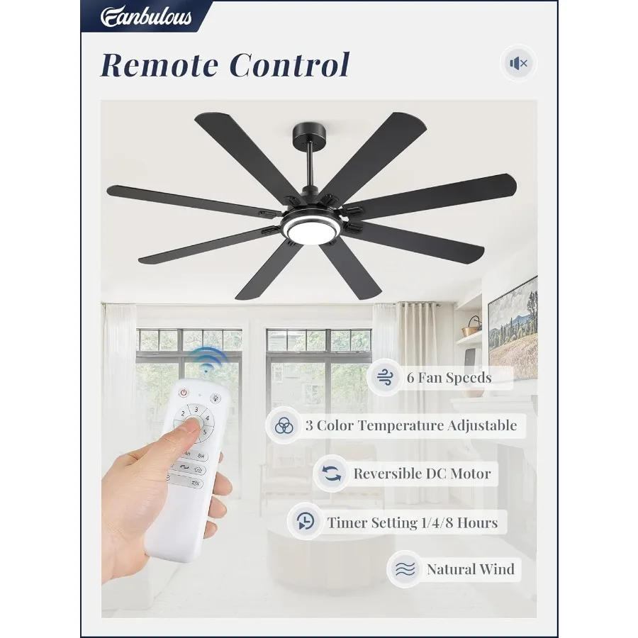 Ventilateurs de plafond de 72 pouces avec lumières et télécommande pour une utilisation intérieure et extérieure avec 8 pales double couleur, moteur à courant continu réversible, 6 vitesses