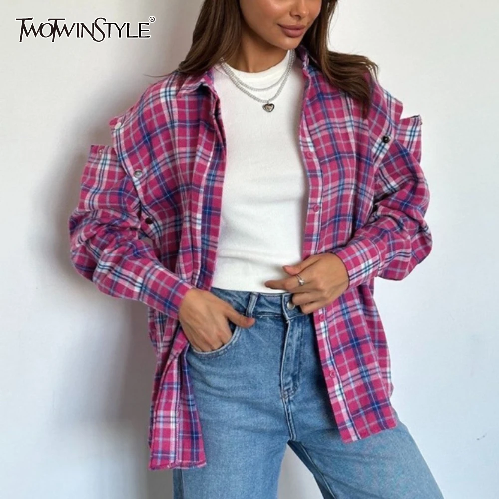 

TWOTWINSTYLE Spring Style Check Shirt for Women Lapel Long Sleeve Patchwork Buttons Loose Casual Shirts Female Fashion Clothing