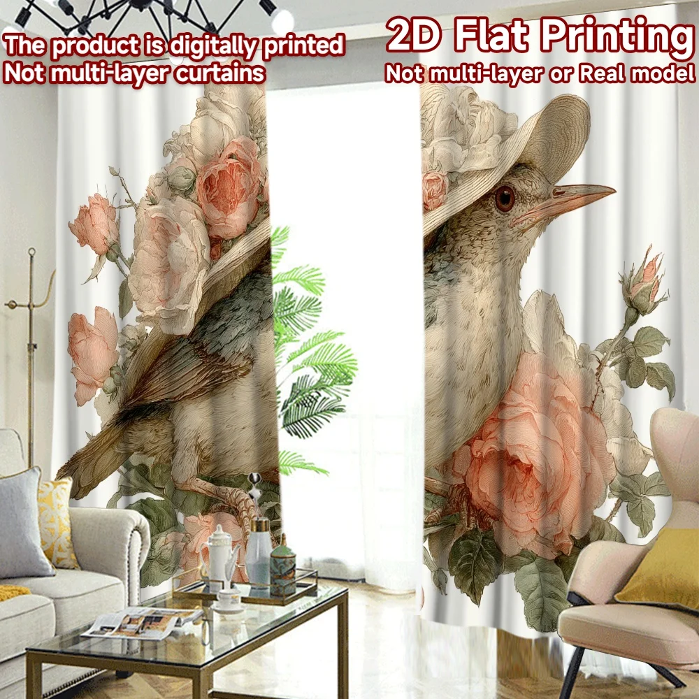2D Flat Printing,2pcs Elegant Bird with Roses Pattern Modern Curtains Fabric Curtains Festive Perfect for Translucent Curtains