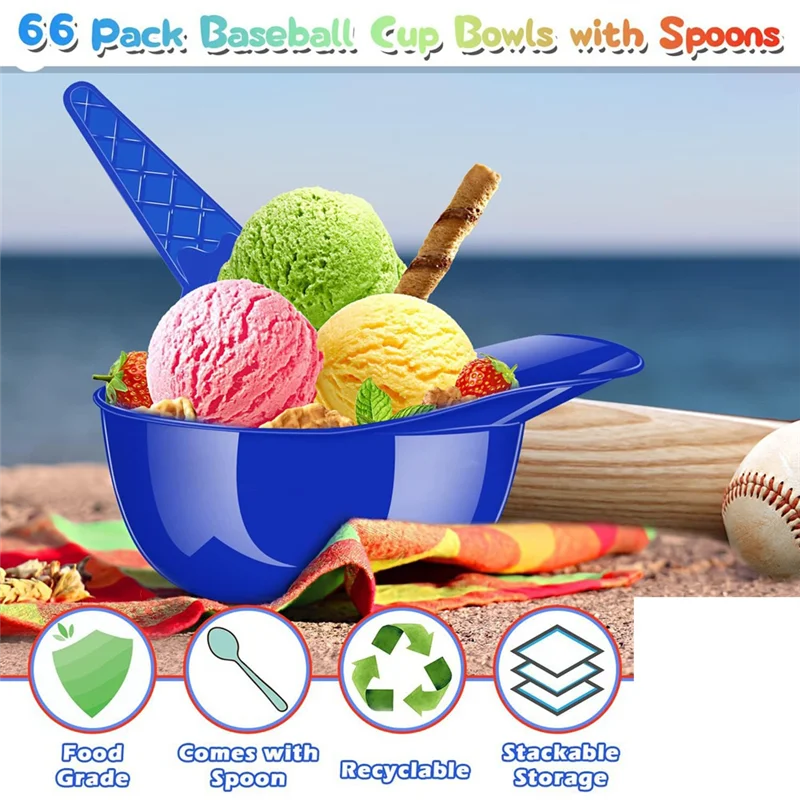 

ABUI-66Pack Baseball Ice Cream Bowls 33Pc Spoons And 33Pc 8Oz Mini Dessert Cups,Reusable Cup Bowls For Birthday Party