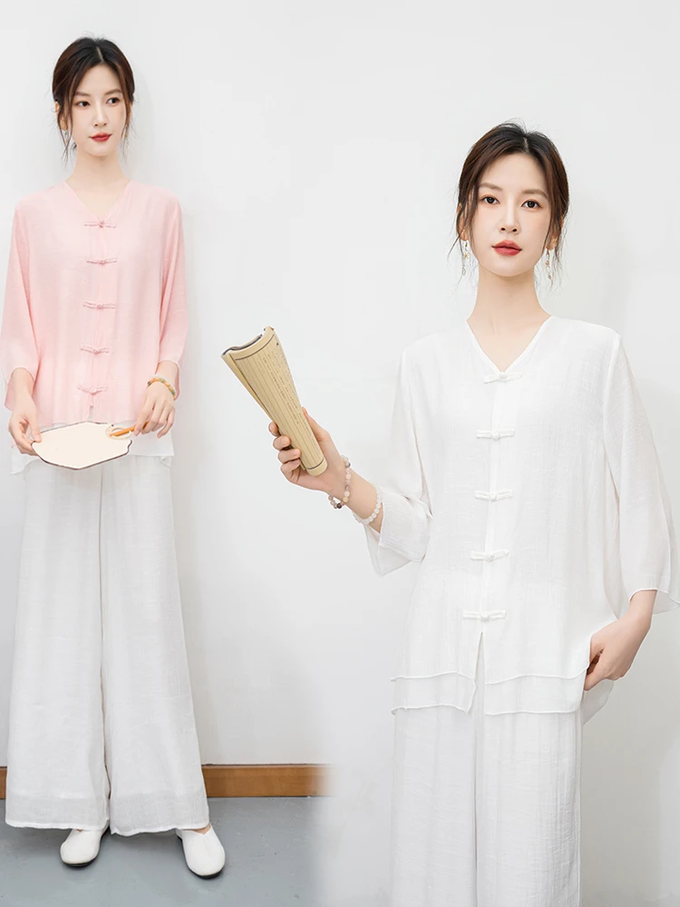 Autumn Summer New Cotton Linen Tai Chi orm Women's Chinese Sle Retro Artistic Tea Clothing Yoga Set Loose Meditation
