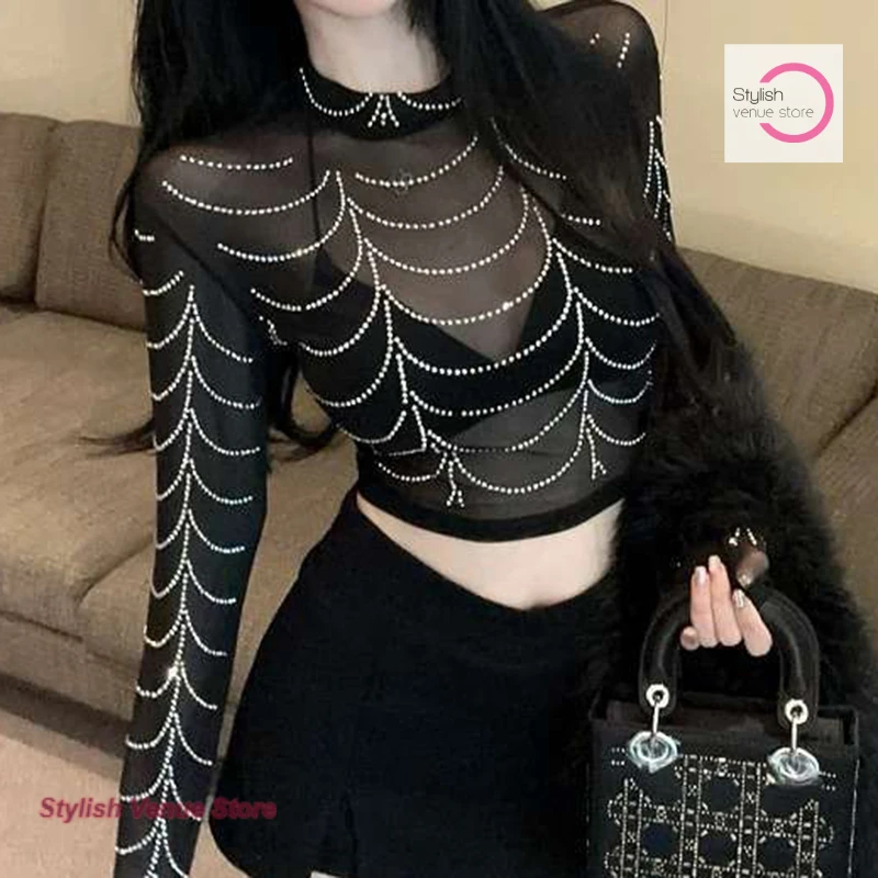 เสื้อยืดแขนยาวสไตล์เกาหลี ดีไซน์เก๋ ประดับเพชร แนวสาวเปรี้ยว สำหรับฤดูร้อน โชว์เอวสั้น