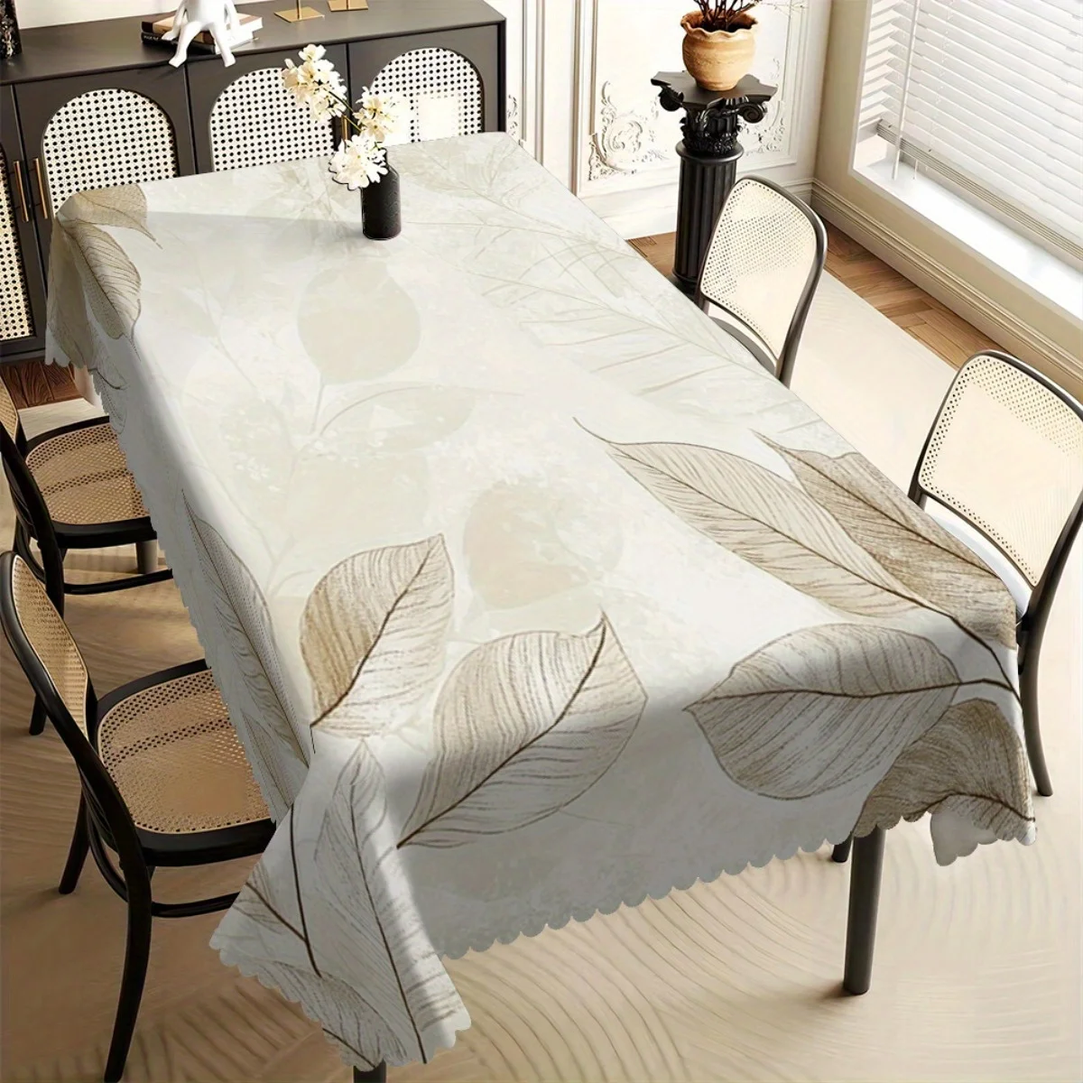 Minimalist Sketch Beige Leaf Print Tablecloth Spill Stain Resistant Wipe Clean Cover For Dining Coffee Kitchen Indoor Table