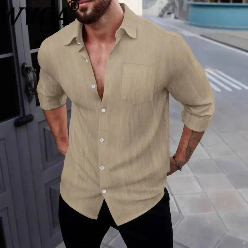 

WVGA Men Spring Autumn Cotton-Linen Long Sleeve Shirt Niche Chic Casual Turn-Down Collar Breathable Casual Pocket Top Ins W23694