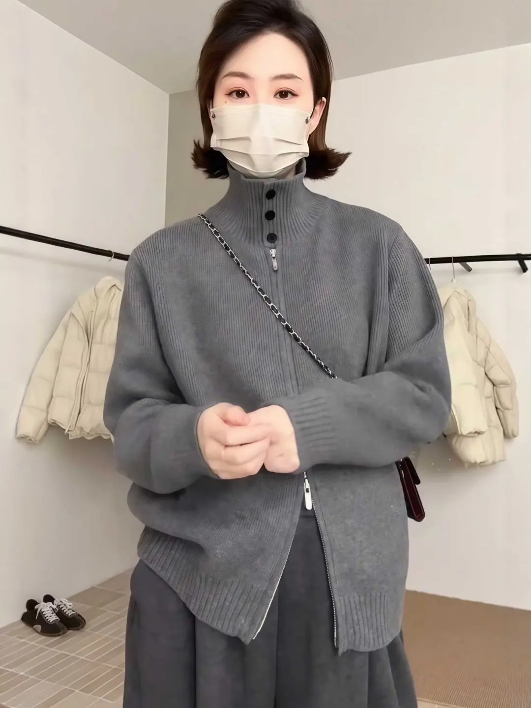 

Faionable High Collar Loose Knitted Sweater Autumn Winter New Sle Retro ey Versatile Slimming Long Sve Open Cardigan...