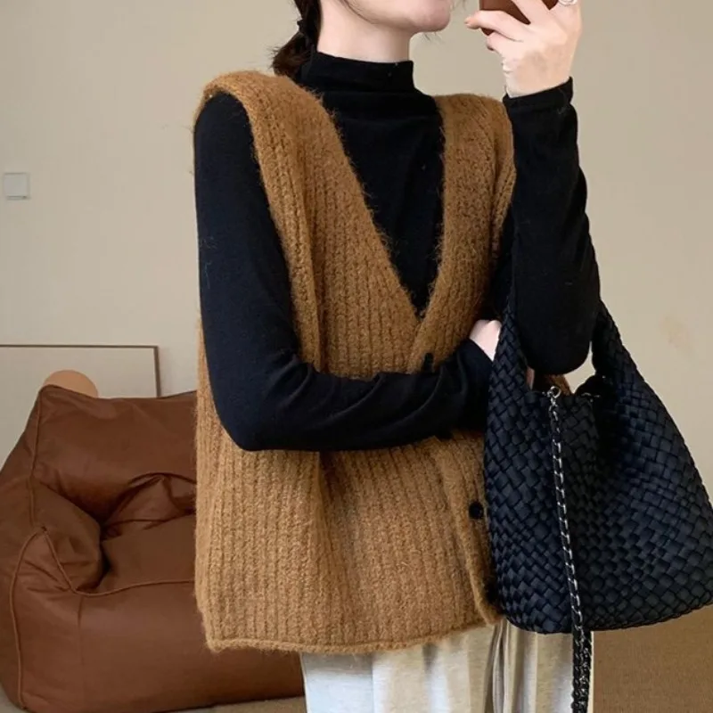 Korean Style Sweater Vest for Women Minimalist Single Breasted All-match Ins College V-neck Autumn Winter Chic Girls