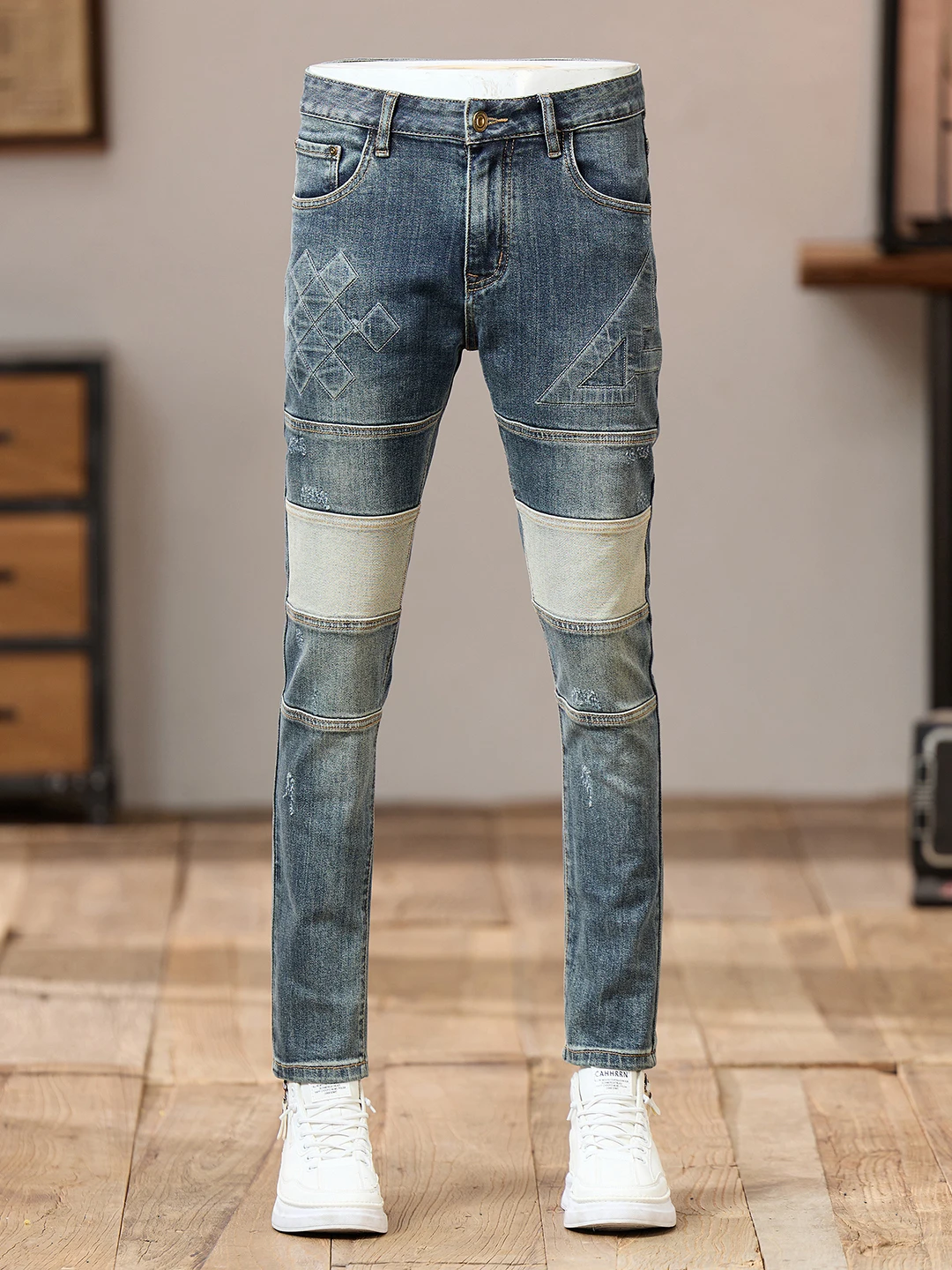 

High-End Vintage Spliced Denim Jeans Men's Elastic Slim Fit Trendy Brand Waed Casual Motorcycle Long Pants Cotton Stretch D...