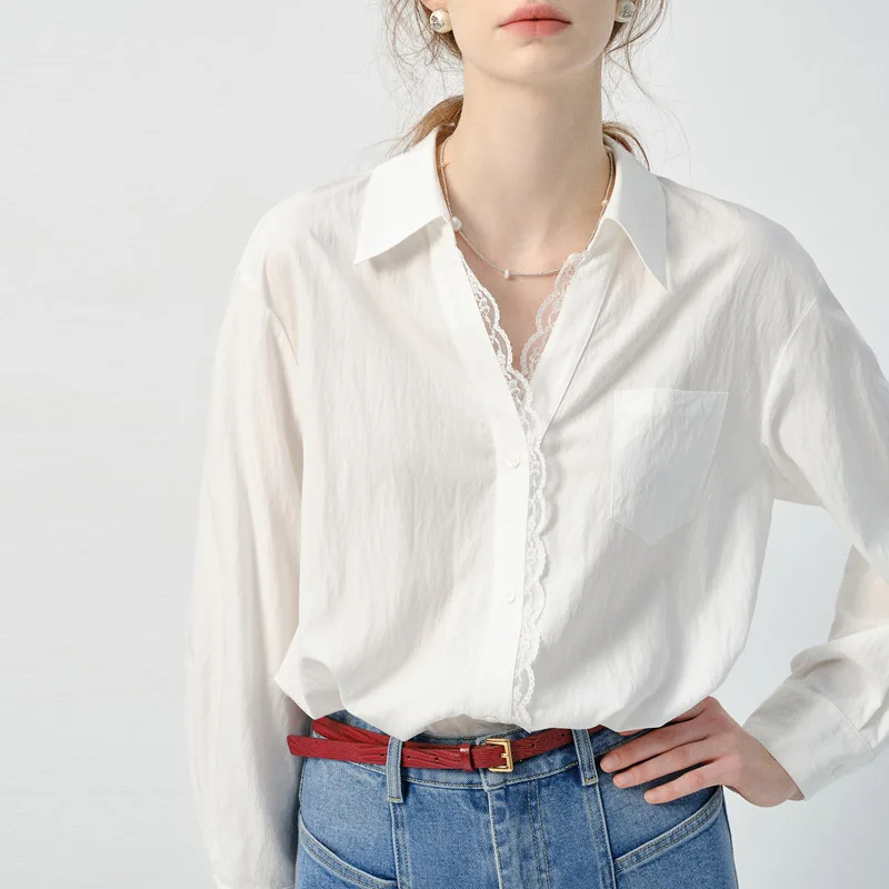 

French Style V-neck Long Sleeve Shirt for Women, Spring and Autumn Design, Lace Patchwork White Blouse