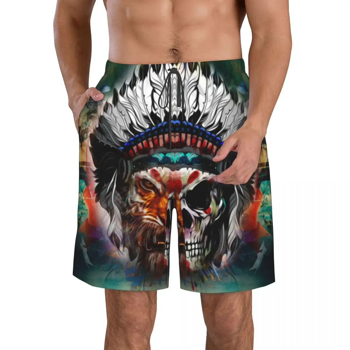 Mens Swimwear Swim Short Trunk Tiger With Half Of Human Skull Beach Board Shorts Swimming Surffing shorts