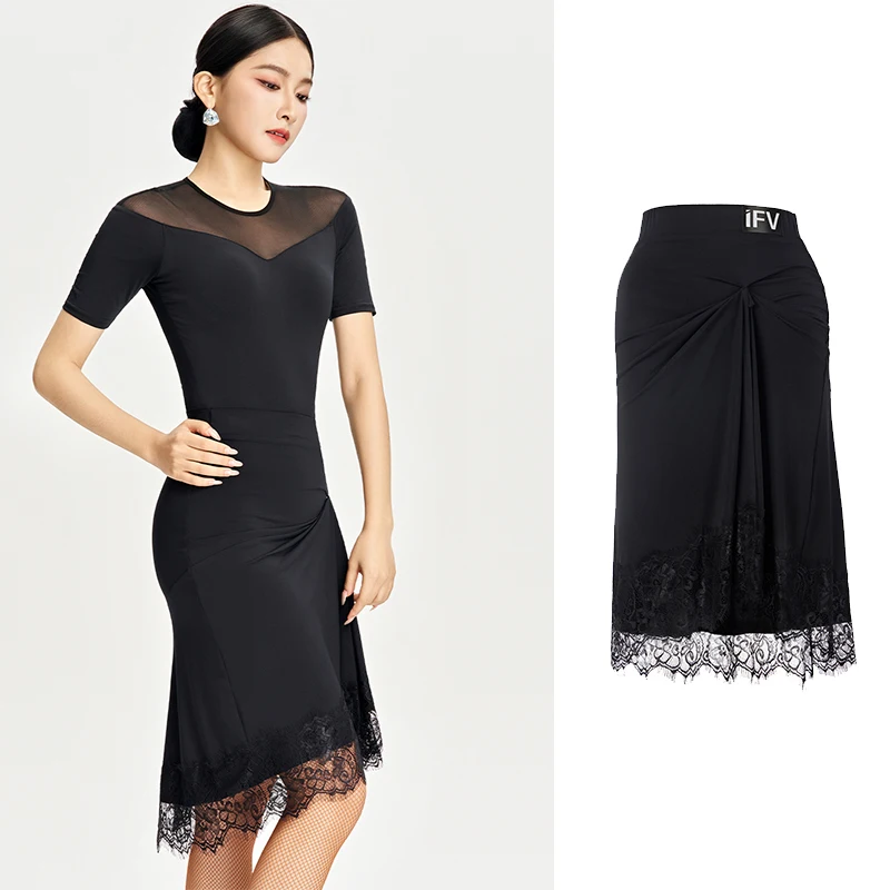 

Юбка для латинских танцев 2025 года для женщин, сексуальная черная кружевная юбка, чача, румба, танго, самба, танцевальное платье для взрослых, одежда для латинских танцев DN22231