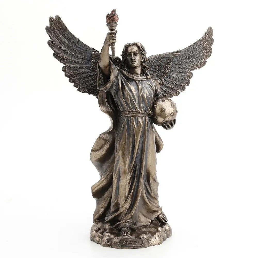Archangel Jophiel Resin Statue Angel Holding Torch and Sphere Bronze Finish Religious Home Altar Decorative Collectible Ornament