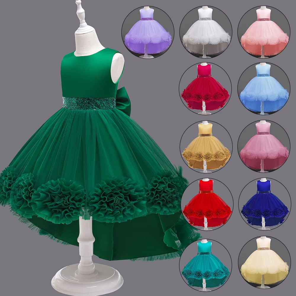 

ELBCOS 4-14T Kid Girls Solid Color Bowknot At The Back No-Sleeve Bubble Skirt Princess Organza Costumes Evening Dress