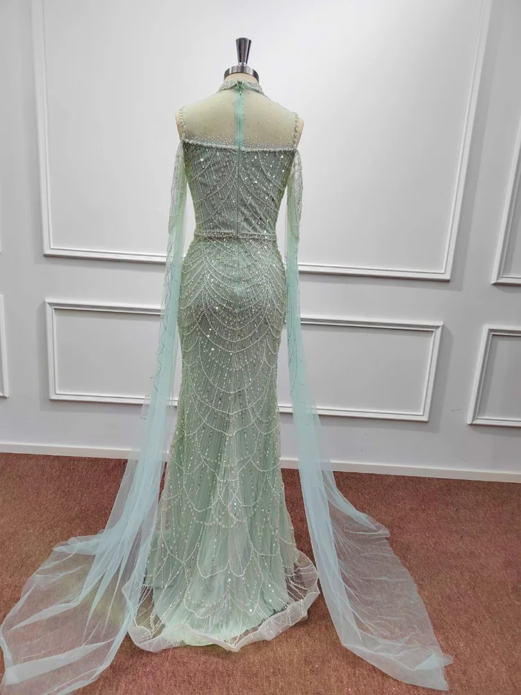 2024 Evening Dress Mermaid Luxury Arabic Cape Sleeve Beaded Pearls Sequined Long Formal Wedding Party Prom Gowns Vestido De Gala