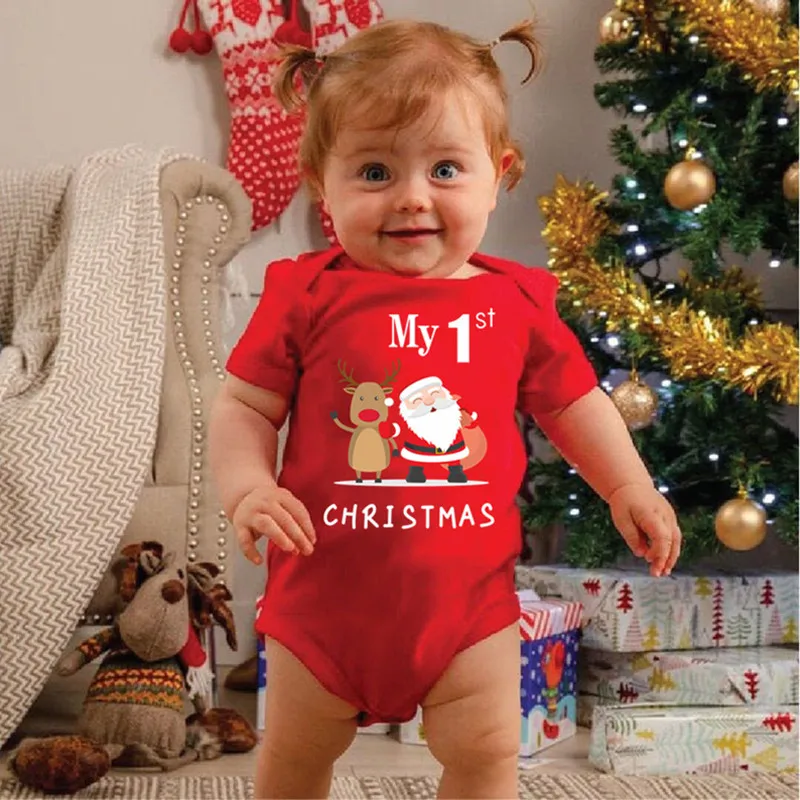 My 1st Christmas Santa Claus Elk Print Newborn Cute Short Sleeve Romper Red Cotton Baby Boys Girls Bodysuit