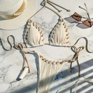 2025 الرسن المجعد نسج بيكيني النساء ملابس السباحة من قطعتين مجموعة بيكيني البرازيلي ملابس الشاطئ أفضل 8 قميص كرة قدم على الوجهين للمبيعات - رقم 3