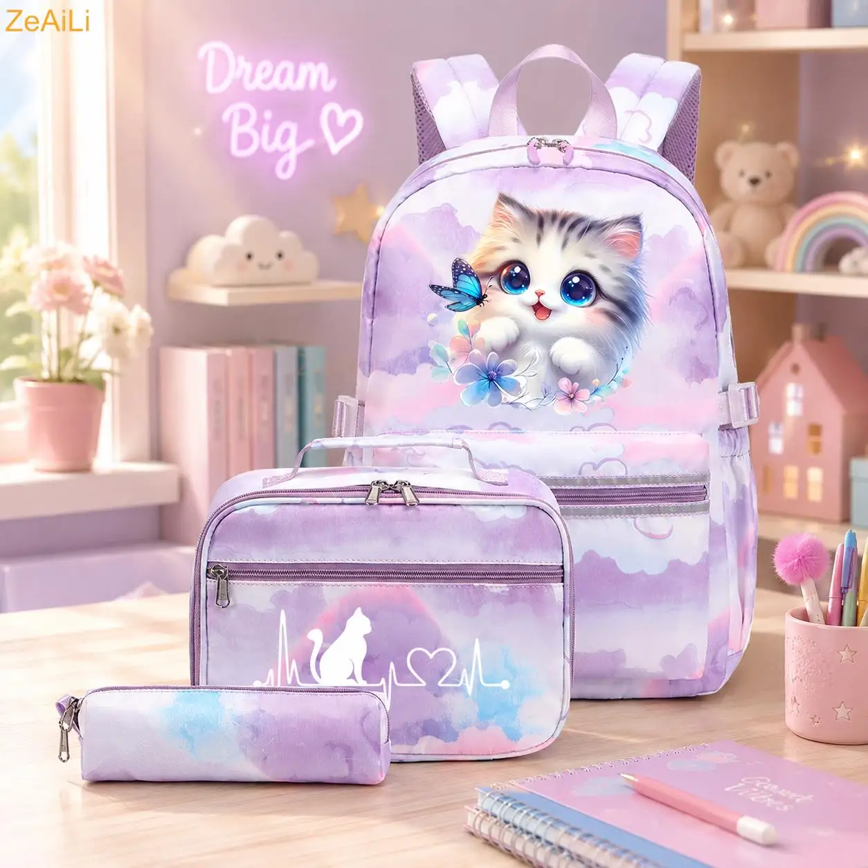 3Pcs Dragon Cute Cat Heart-Shaped Purple Teenager Backpacks with Lunch Bag Colorful Travel Bag Girls School bags Mochilas Sets