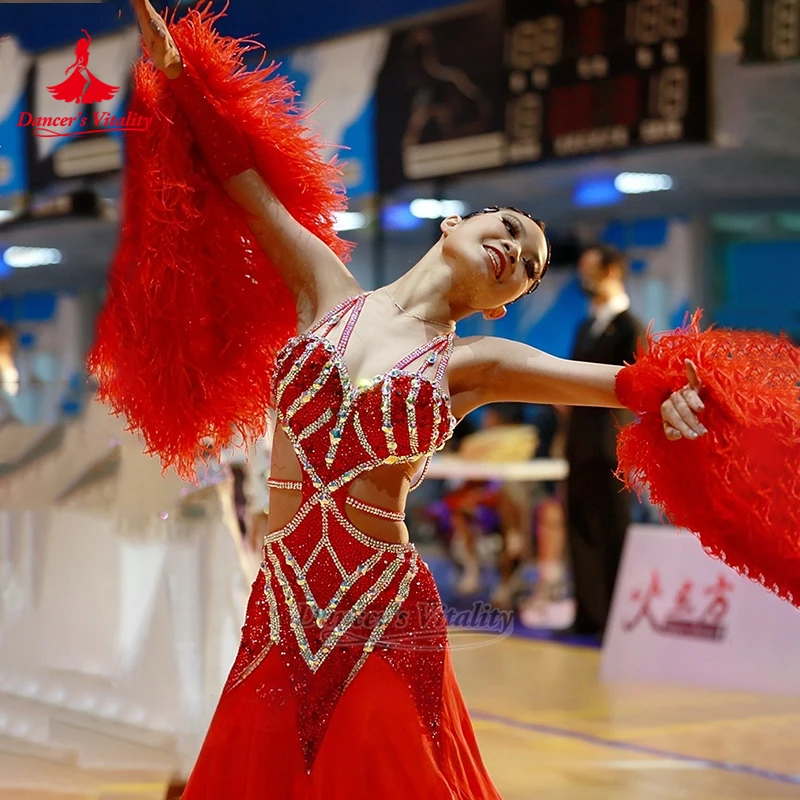 Social Dance Feather Lower Hem Wrapped Hips Big Swing Dress Custom Adult Waltz Tango Contest Sleeveless Attire Dancer's Vitality