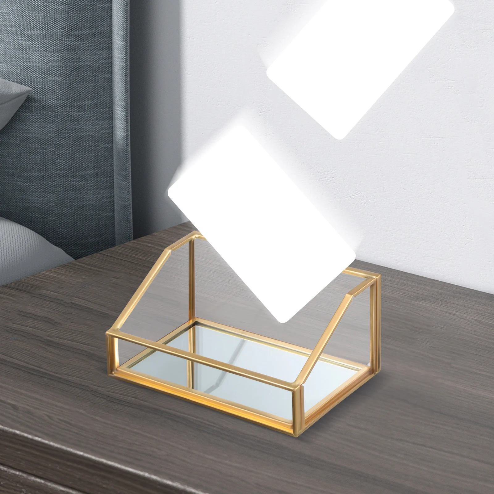 

Brass and Glass Business Card Holder Desk Stand Organizer for Professional Name Cards Display and Small Items Storage