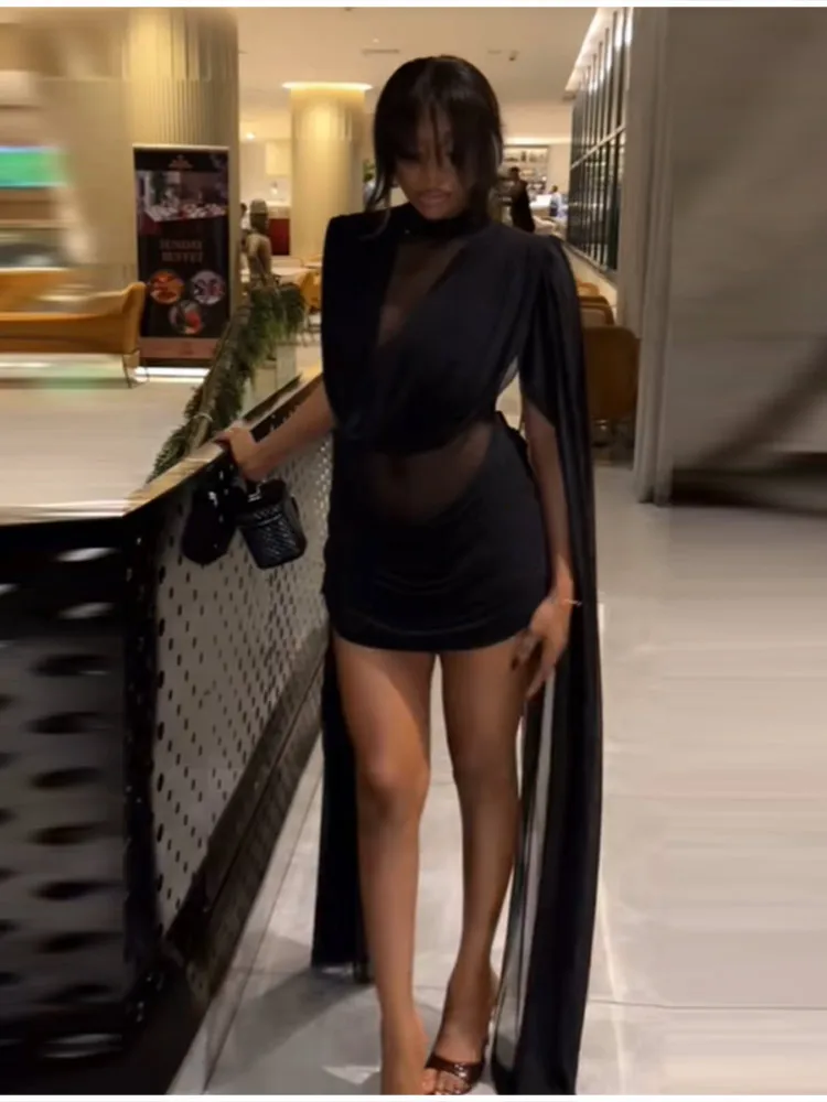 Elegante abito trasparente Elegante designer retrò Tendenza Abito da donna Party Chic Notti autunnali Elegante club serale da donna Abbigliamento modesto