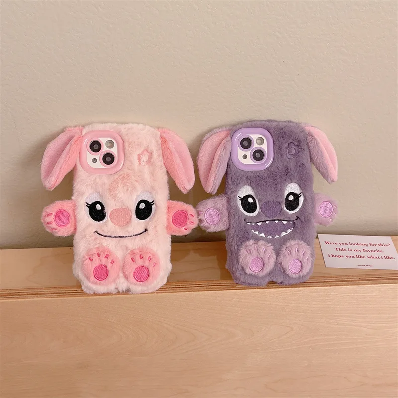 Etui na telefon iPhone 16 15 14 13 Plus 12 11 Pro Max, 3D, uroczy, kreskówkowy Stitch, ciepłe, puszyste, futrzane, pluszowe, odporne na wstrząsy, ochronne.