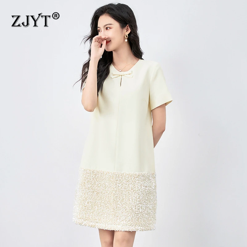 

ZJYT Elegant Women Loose Dresses Summer 2024 Designer Short Sleeve Bow O Neck Casual Knee Length Dresses Sequined Patchwork