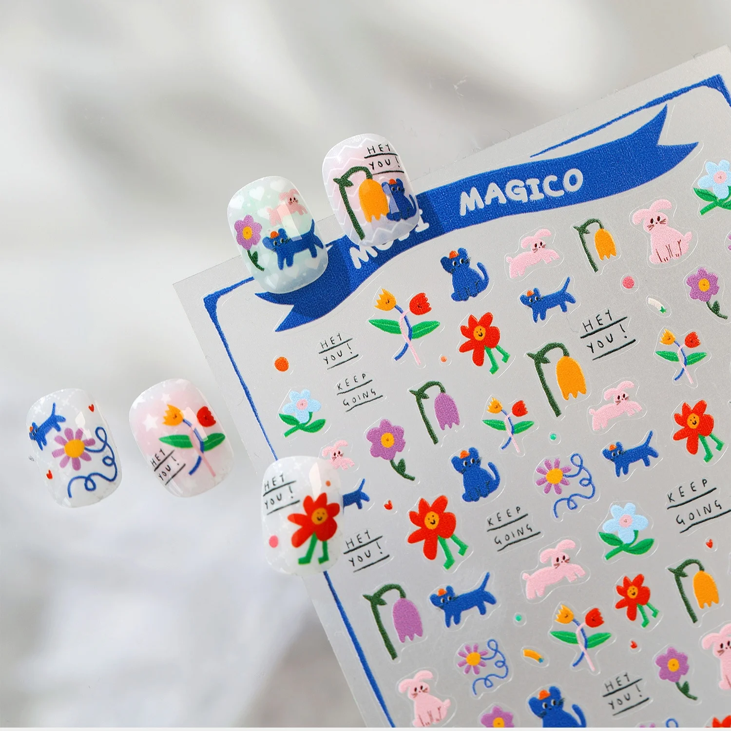Liebliche 5D Rosa-Blaue Hunde-Nagelaufkleber, Cartoon-Welpen, Bunte Tulpen, Wildblumen-Nagelkunst-Aufkleber, Vintage-Blumen-Tier-Accessoires