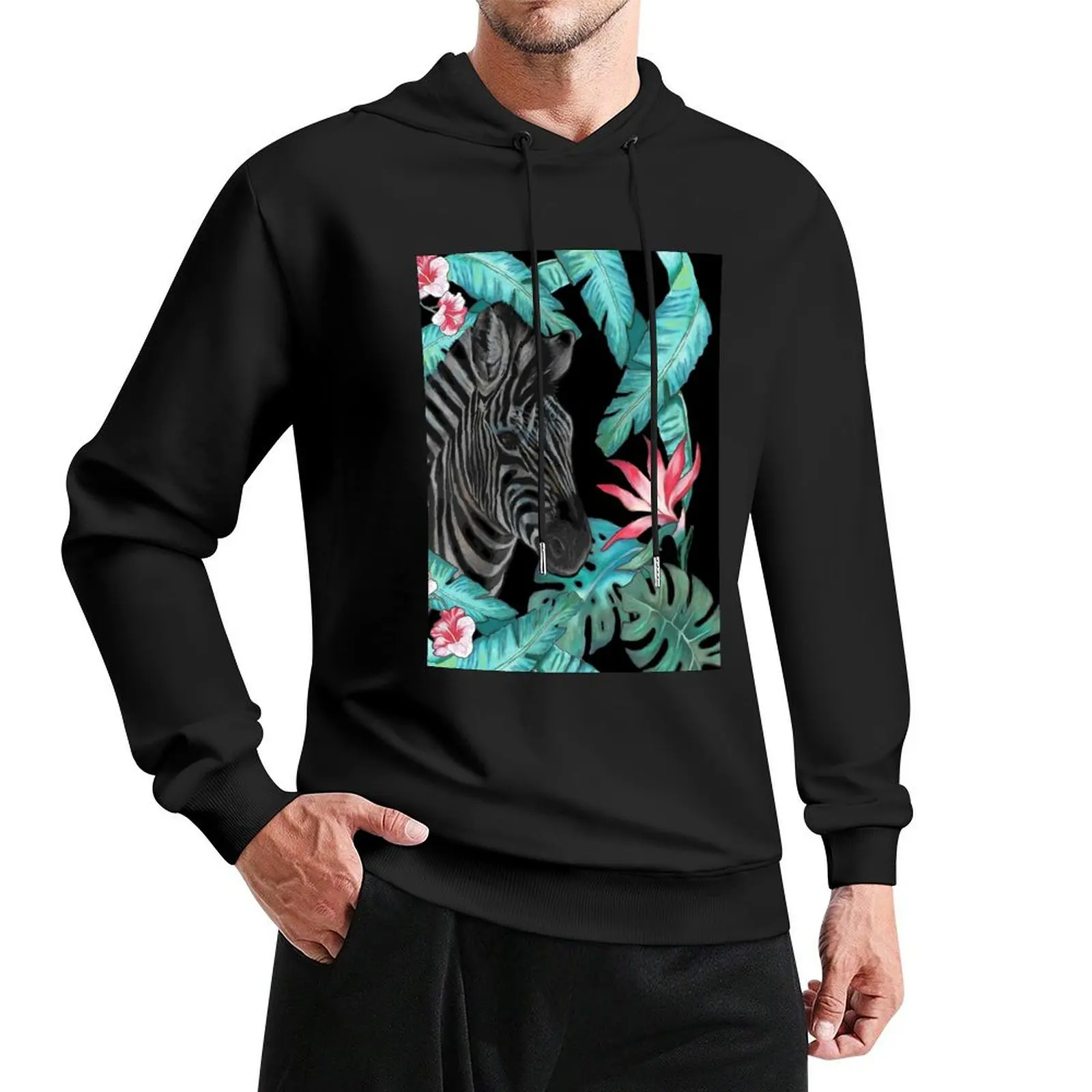 Zebra with Tropical Plants Hibiscus Jungle Pattern Pullover Hoodie graphic t shirts men hoodies for men