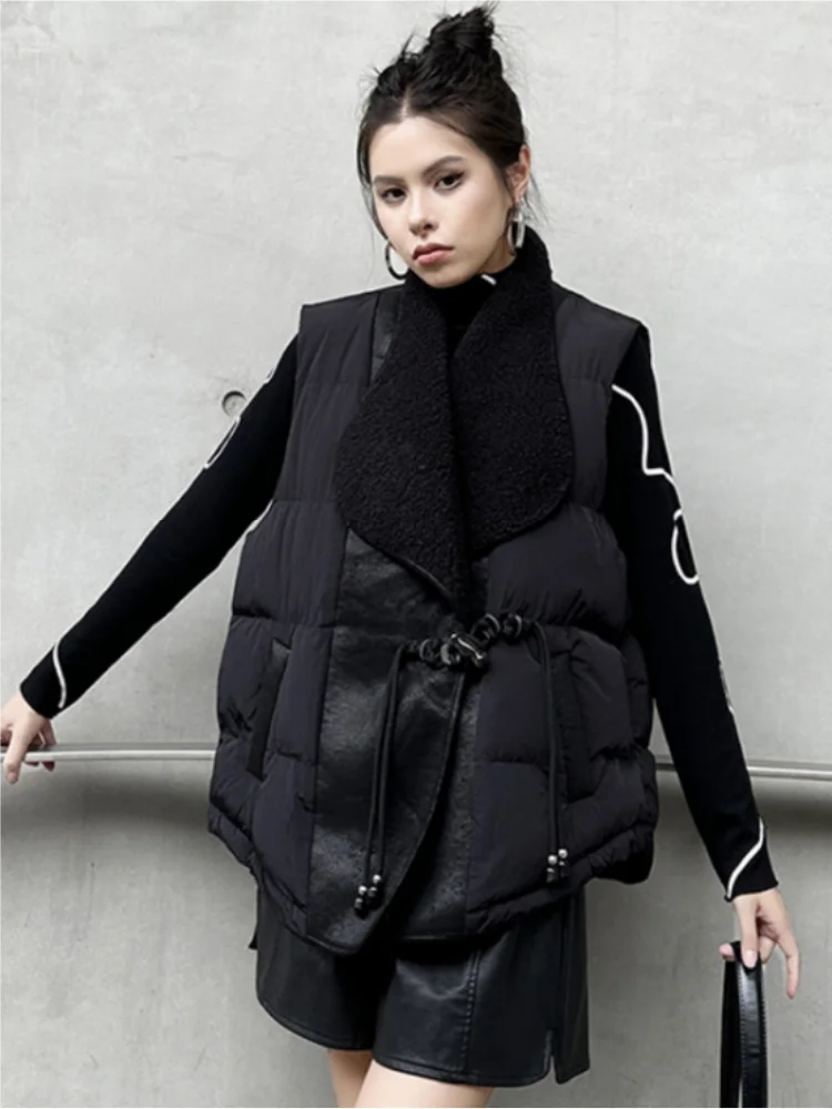 Vefadisa 2024 Autumn Winter New Black Women Parkas Coat V-neck Lamb Wool Splicing Parkas Vest Fashion All-match Parkas ZXY1395A