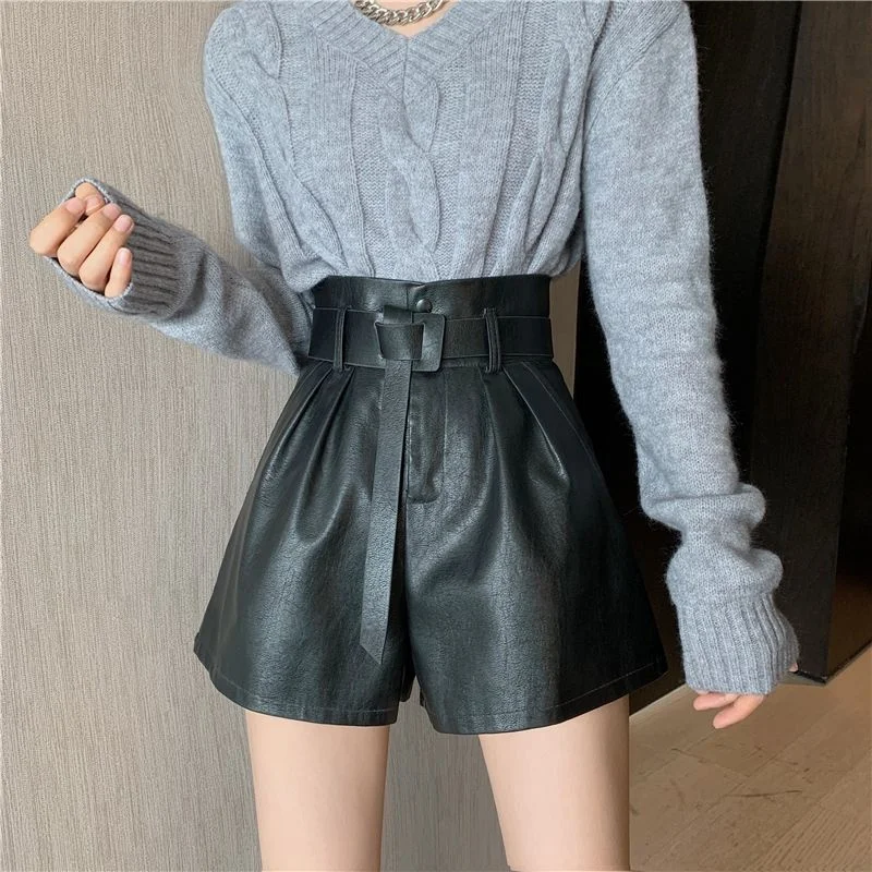 Korean 2023 High Waist Fashion Leg Shorts Pu Leather Casual Female Pants Clothing Women Pants Summer Shorts