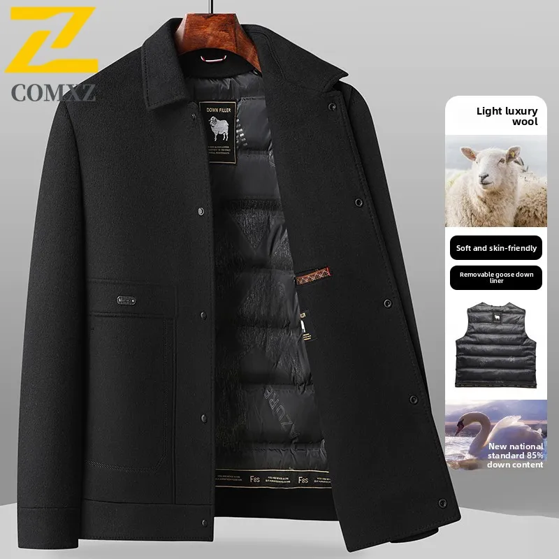 COMXZ Herren-Daunenjacke, leichte Gänsedaunen, Büro, warmer Puffermantel, modischer Kerbkragen, winddichte Winter-Wolljacken für den Außenbereich
