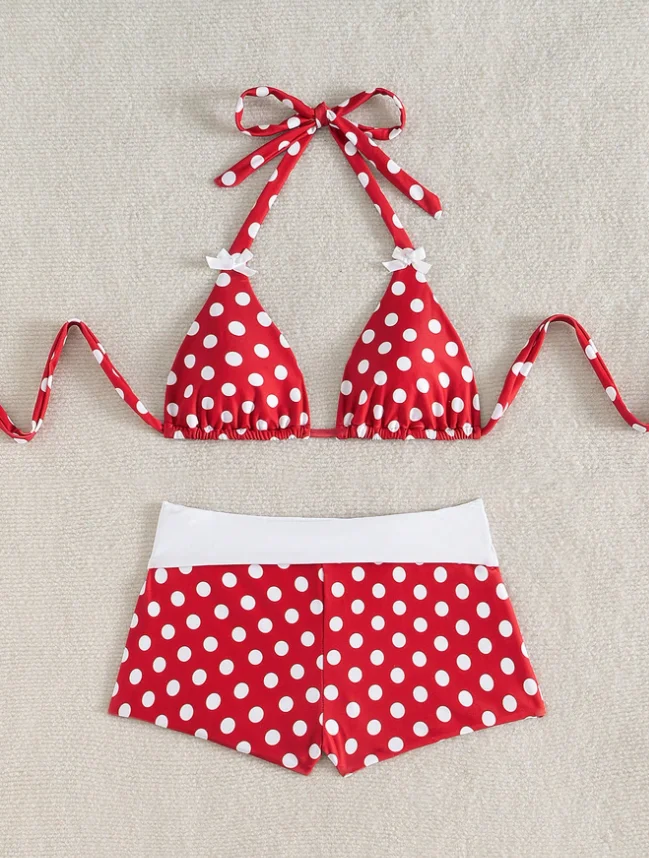 Damski dwuczęściowy seksowny czerwony strój kąpielowy w kropki, sznurowany zestaw bikini z ozdobną kokardą, odzież plażowa na wakacje.