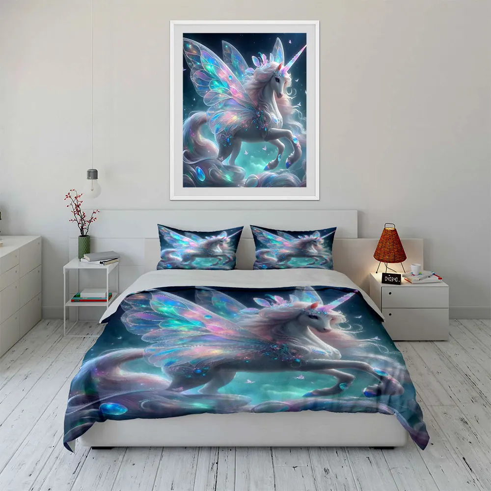 Fantasy unicorn with glowing wings Print Soft Comfortable Duvet Cover Bedding Set Included 1*Duvet Cover  2*Pillowcases