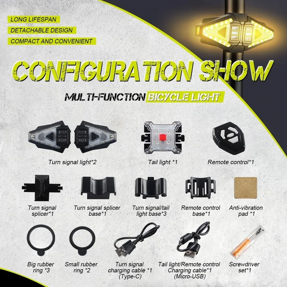 

Перезаряжаемый велосипедный задний фонарь B49C с USB-портом, указателями поворота, беспроводным пультом дистанционного управления и системой передней и задней подсветки
