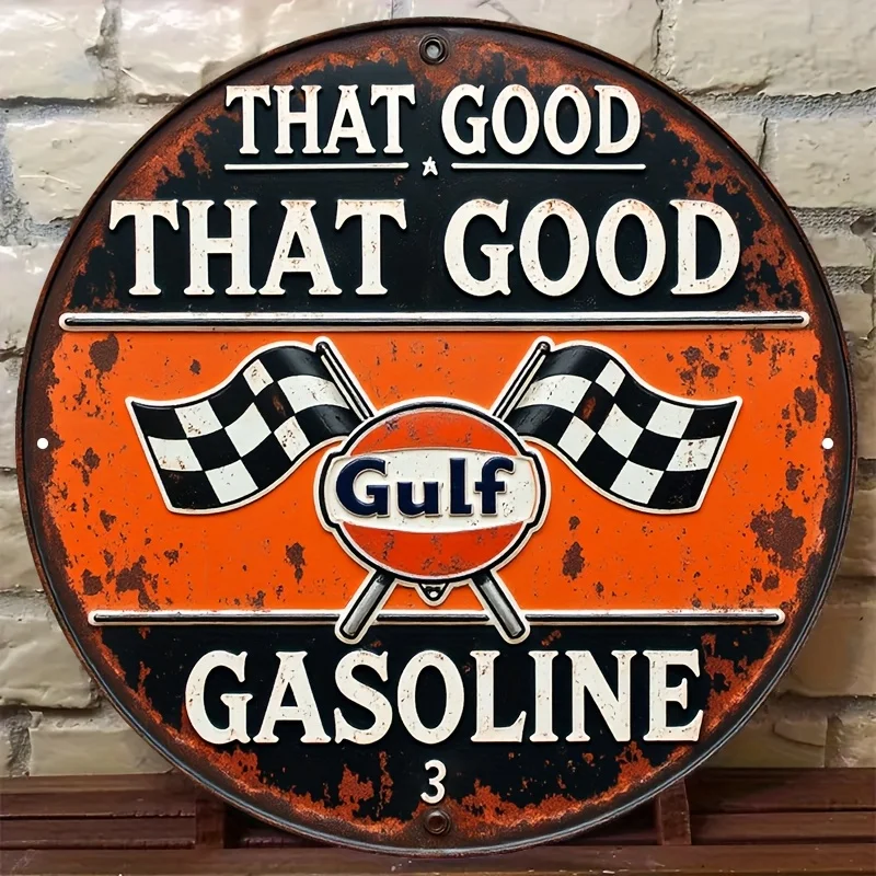 مسطح ثنائي الأبعاد، [مسطح] قطعة واحدة من لافتة معدنية عتيقة تعمل بالبنزين الخليجي - 20.32 × 20.32 سم ديكور حائط من الألومنيوم مع تصميم سباق، مثالي