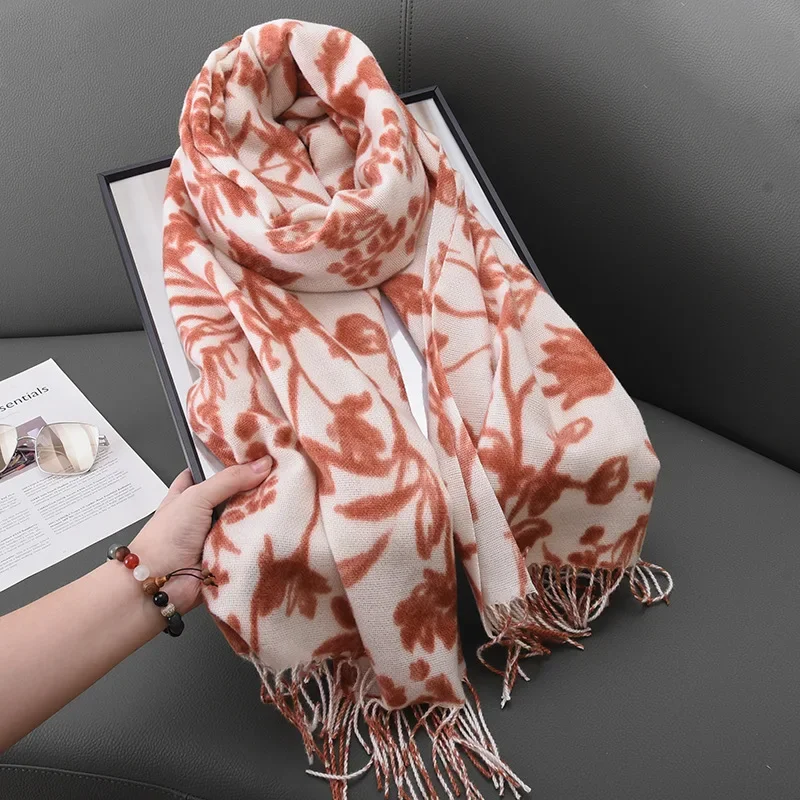 Flower Pattern Scarf For Women, Thickened Winter Scarfs For Female