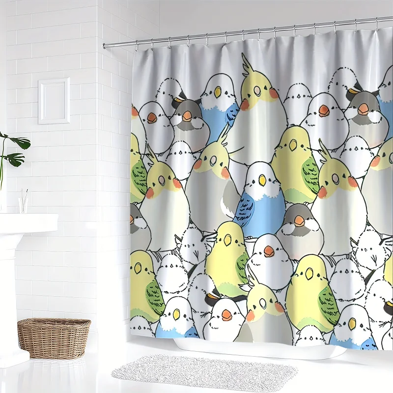 Cute Cartoon Parrot & Bird Pattern Shower Curtain - Waterproof Polyester, Machine Washable with Hooks Included - Perfect for All