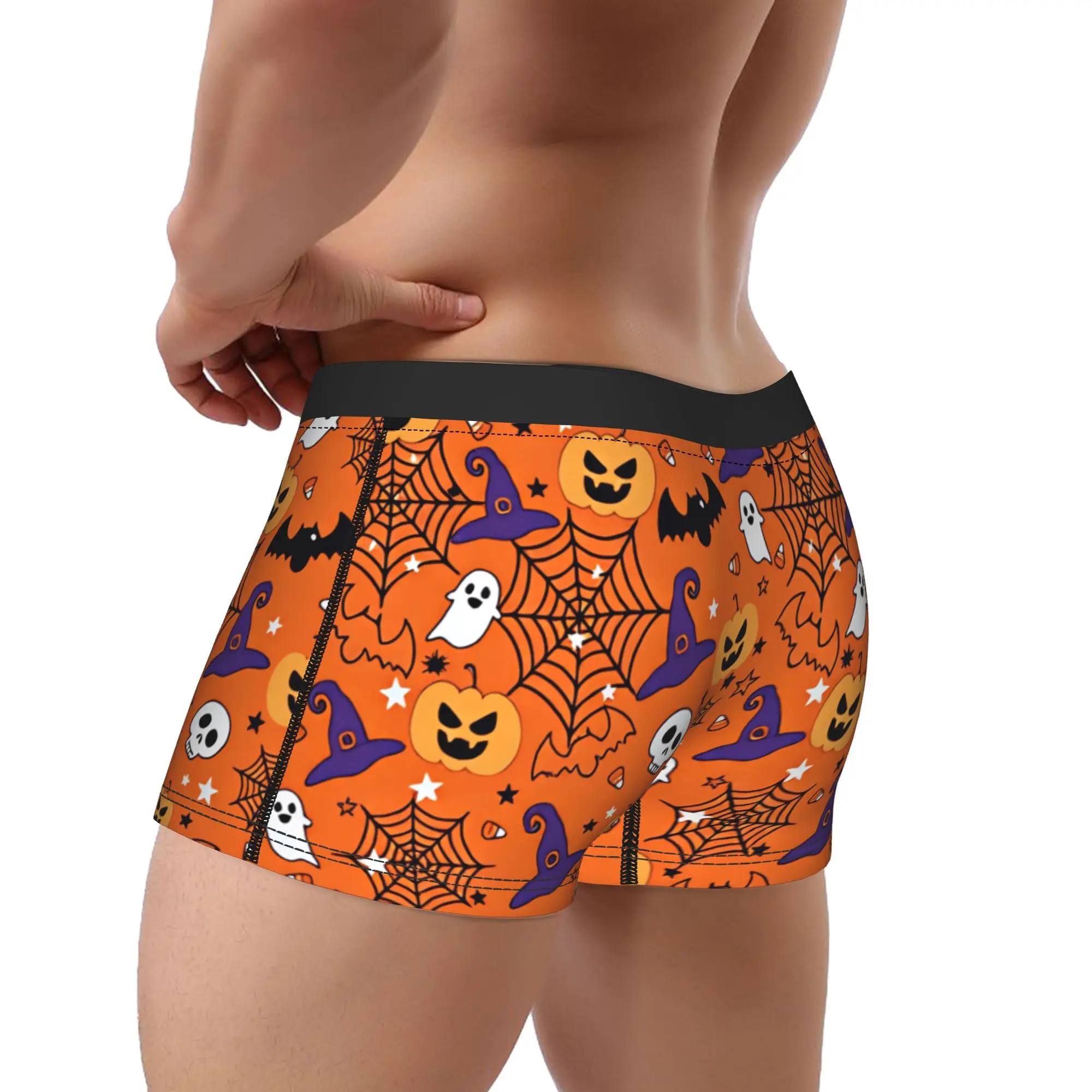 Halloween Pumpkin Ghost Witch Hat Skull Spider Web Seamless Pattern Boxer Brief Underwear Hot Sale Males Soft Trend Boxer Shorts
