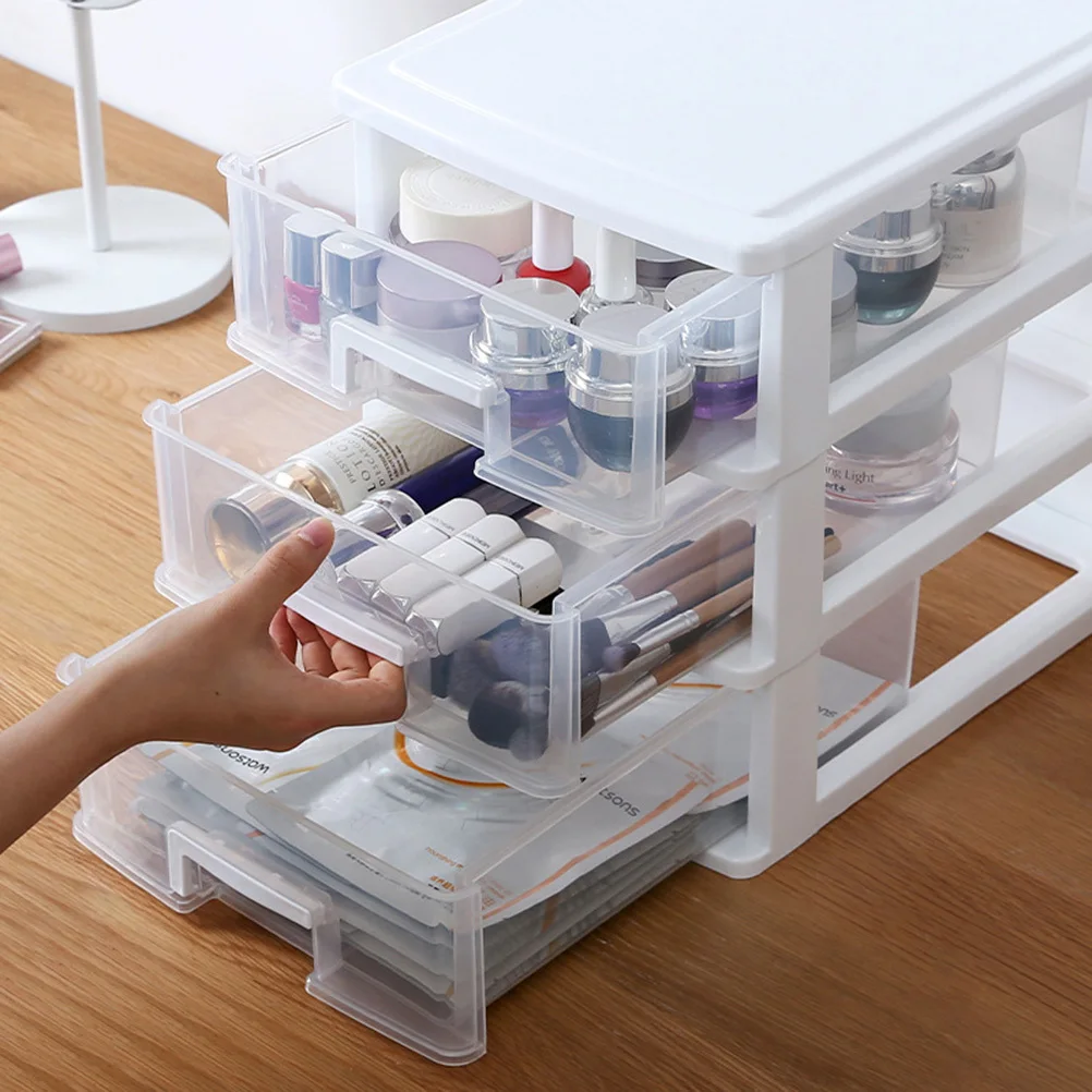 

Three Layer Drawer Style Storage Box Transparent White Compact Organizer for Cosmetics Jewelry and Office Supplies Plastic